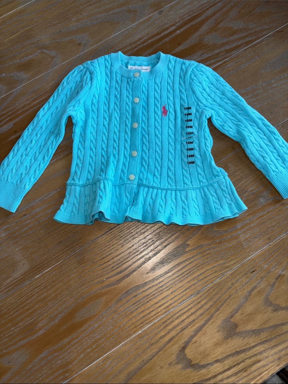 Ralph Lauren Girls' Aqua Cable Knit Peplum Cardigan with Pink Pony